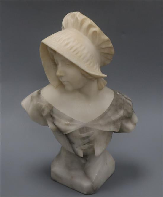 A carved alabaster bust of a young girl, signed Pugi, height 34cm